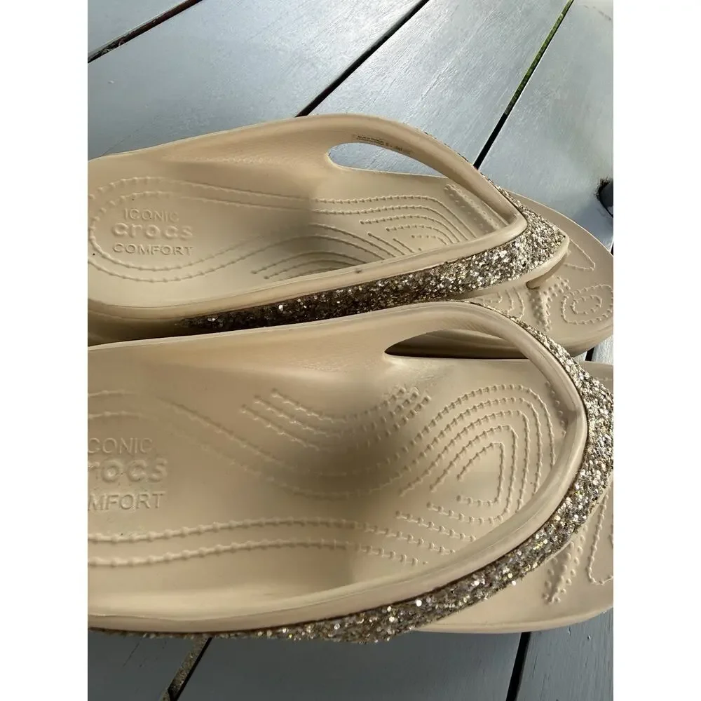 Crocs Sloane Tan Gold Glitter Flip Flop Platform Beach Sandals Wedge Size 9